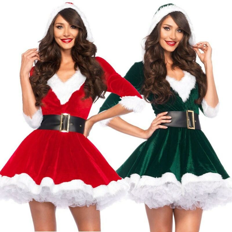Abito natalizio da donna Vestito con cappuccio sexy da Babbo Natale Costumi cosplay Abiti da sera per donna Abiti caldi invernali