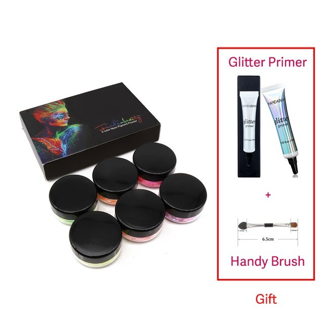 Trucco viso UV Glow per festival con glitter, ombretto in polvere e smalto
