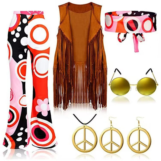 Anni '70 Hippie Party Abbigliamento vintage Gilet con nappe Pantaloni Foulard