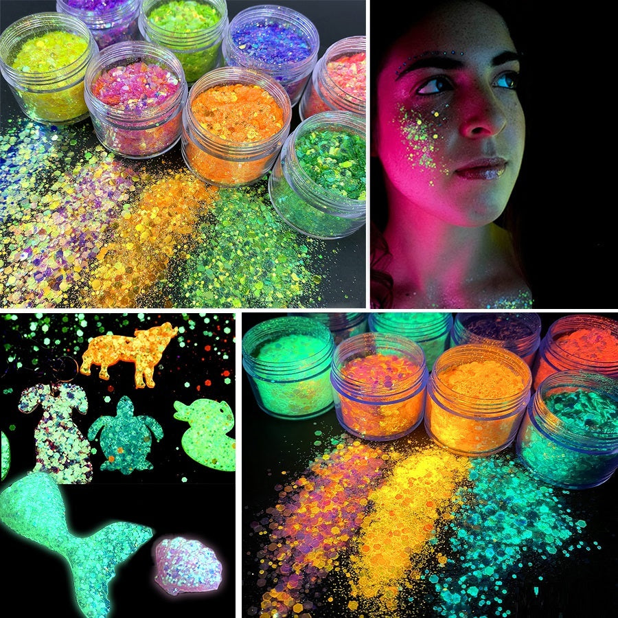 Trucco viso UV Glow per festival con glitter, ombretto in polvere e smalto