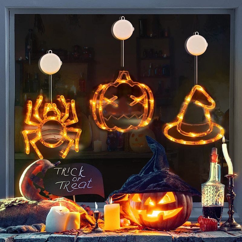 Luci LED per Finestre di Halloween con Ragno, Zucca e Fantasmi Appesi – Luci Atmosferiche per Horror, Decorazioni per Feste e Decorazioni per la Casa
