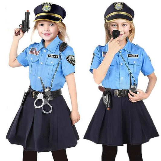 Costume da Poliziotto per Bambina con Accessori Completi – Camicia, Gonna, Manette, Radio e Cappellino – Perfetto per Feste a Tema