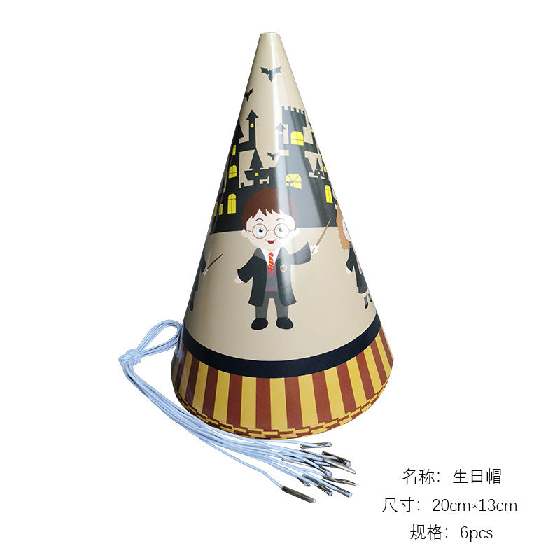 Piattini di carta decorativi con layout di festa di compleanno a tema magico per bambini, tovaglia con bandiera appesa