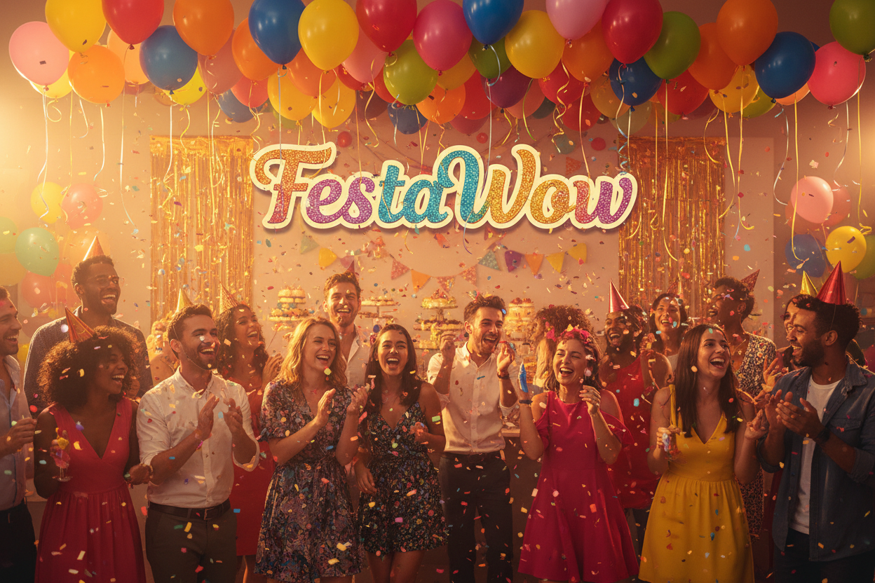 Festa con persone felici e scritta FestaWow